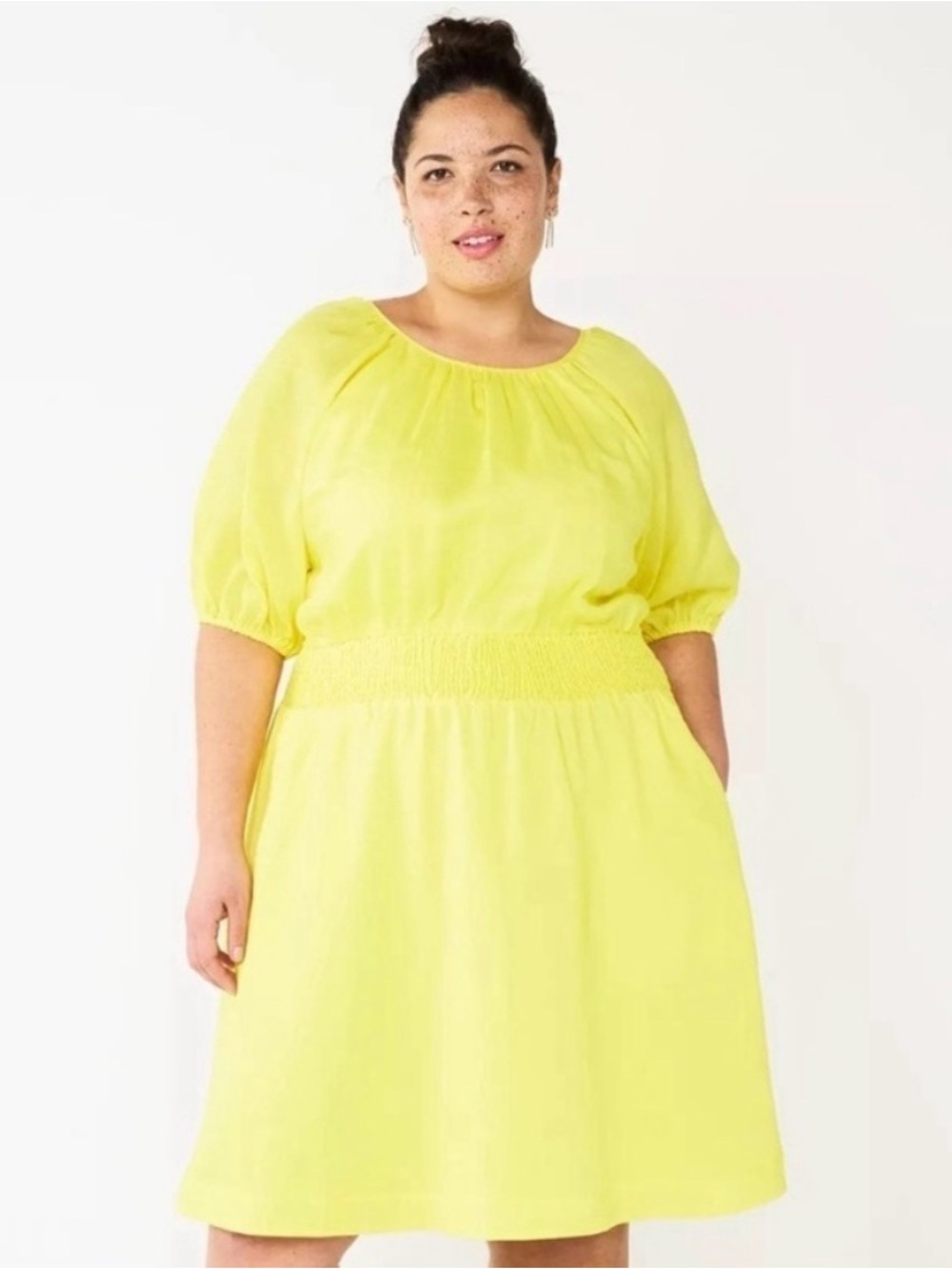 Plus size 2X Draper James Yellow boho midi dress with elastic waist and pockets.